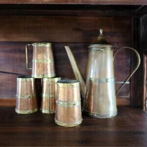 Vintage Copper and Brass Pitcher Mug Set Large Antique Metalware